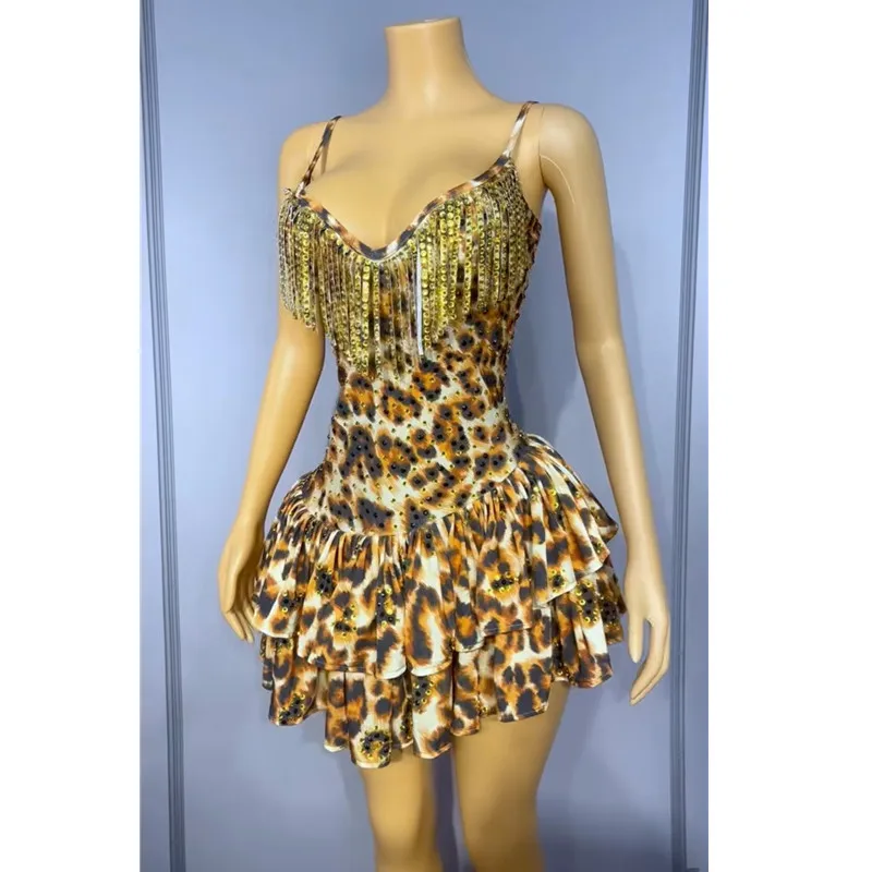 Robe courte en cristal léopard pour femmes, Sexy, col en v, écharpe, franges, Clubwear, Banquet d'anniversaire, chanteur, Bar, Costume de scène de Concert