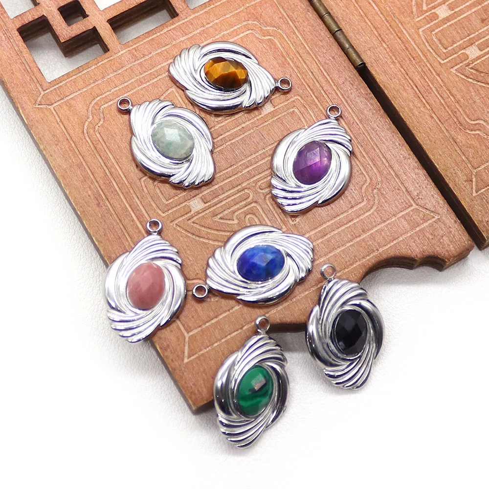 Geometric Horse-eye Shaped Corrugated Stainless Steel Base Inlaid Faceted Amazonite Crystal Agate Perforated Pendant DIY Jewelry