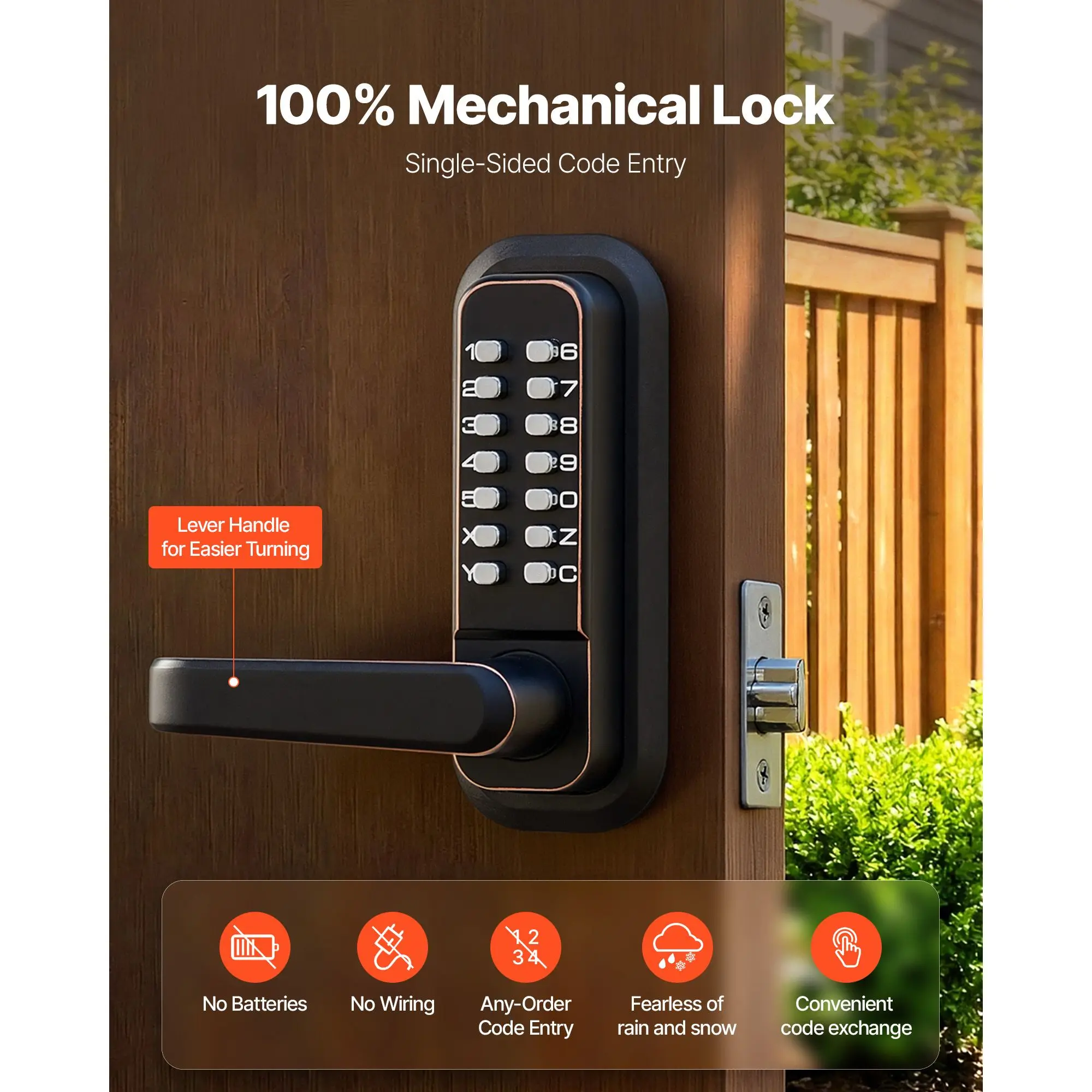 Mechanical Keyless Entry Door Lock, 2.0 Code Upgrade, 4-7 Digits Code, Single-Sided Push Button Combination Keypad Door Lock