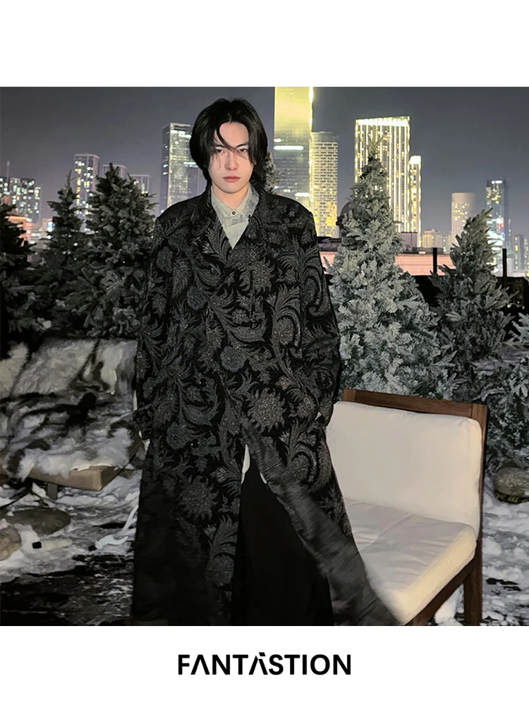 

FANTASTION Оригинальный дизайн Ковровый узор Шерстяное пальто X-длинная смесь шерсти Утолщенное теплое пальто Куртки осенние и зимние топы