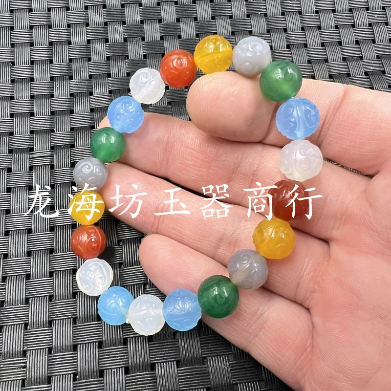 Ice-like Colorful Agate Fret Beads Jade Bracelet Reddish Yellow White Green Blue Chalcedony Wooden Beaded Bracelet Bracelet Brac