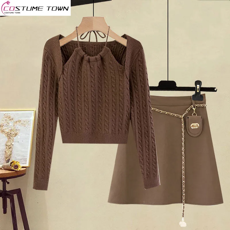 Oversized Women's Autumn Set 2023 New Slim Design Feel Knitted Sweater Temperament Skirt Two Piece Set Fashion