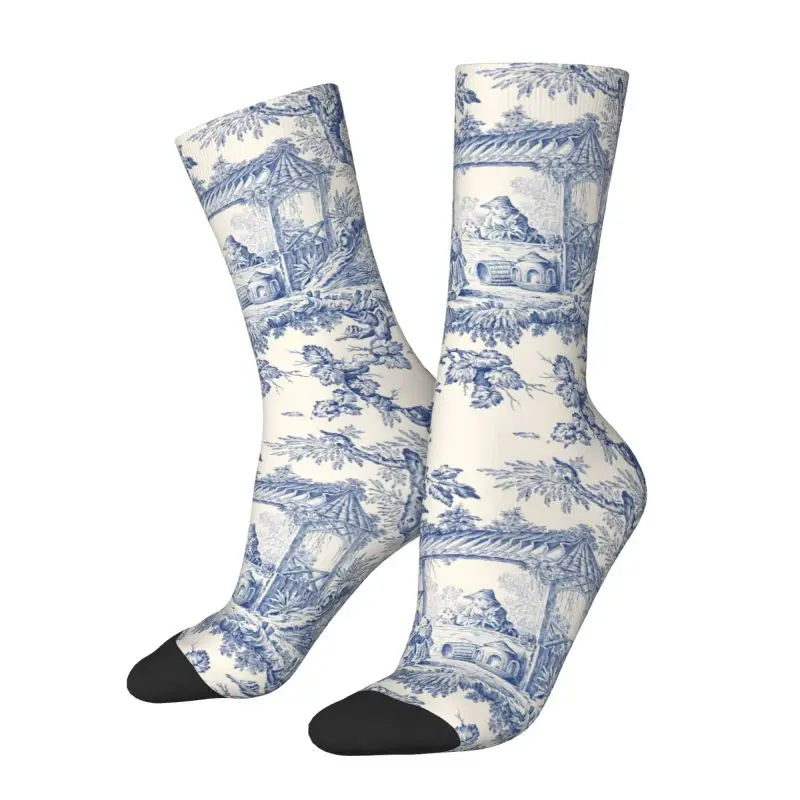 Fashion Mens Toile De Jouy Navy Blue Motif Pattern Dress Socks Unisex Comfortable Warm 3D Print Classic French Style Crew Socks