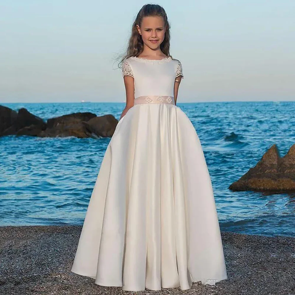 

Fashion Flower Girl Dresses Charming white ivory Short sleeve Satin Floor Length Girls Pageant First Communion Gown