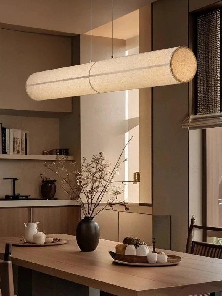 Japanese Wabi Sabi style restaurant pendant light, fabric light, bar counter dining, Zen inspired one line long strip light