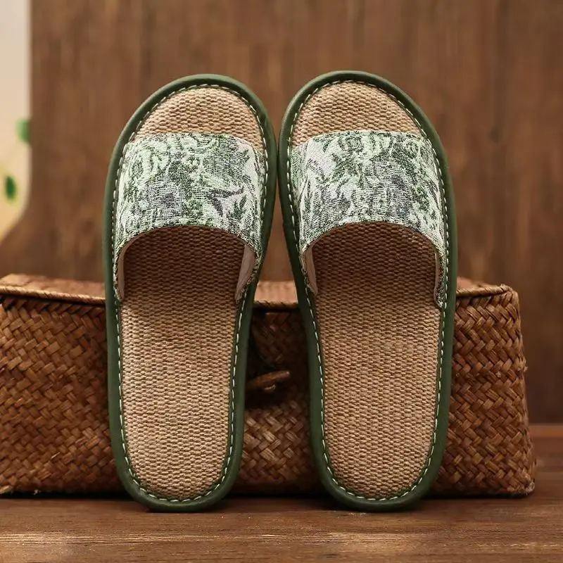 Men's One Word Print Linen Slippers Summer New Lovers Soft Sole Non Slip Lightweight Sweat Absorbing Home Slipper Silent Slipper