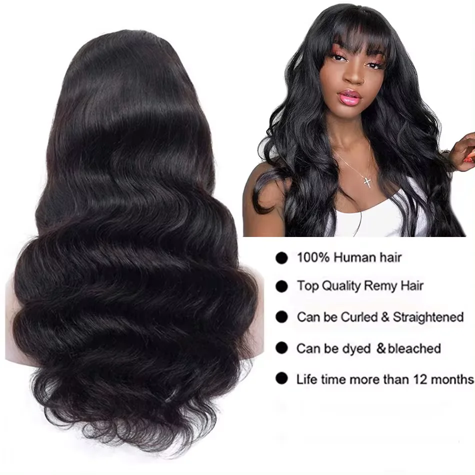 Wig gelombang tubuh 12A dengan poni 100% Wig rambut manusia untuk wanita Humain mesin penuh dibuat dengan poni Wig gelombang tubuh Peru dijual