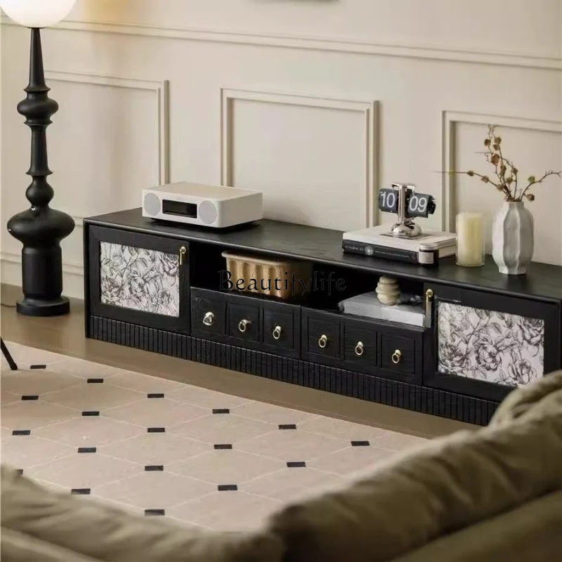 

French retro solid wood TV cabinet antique living room floor home storage locker