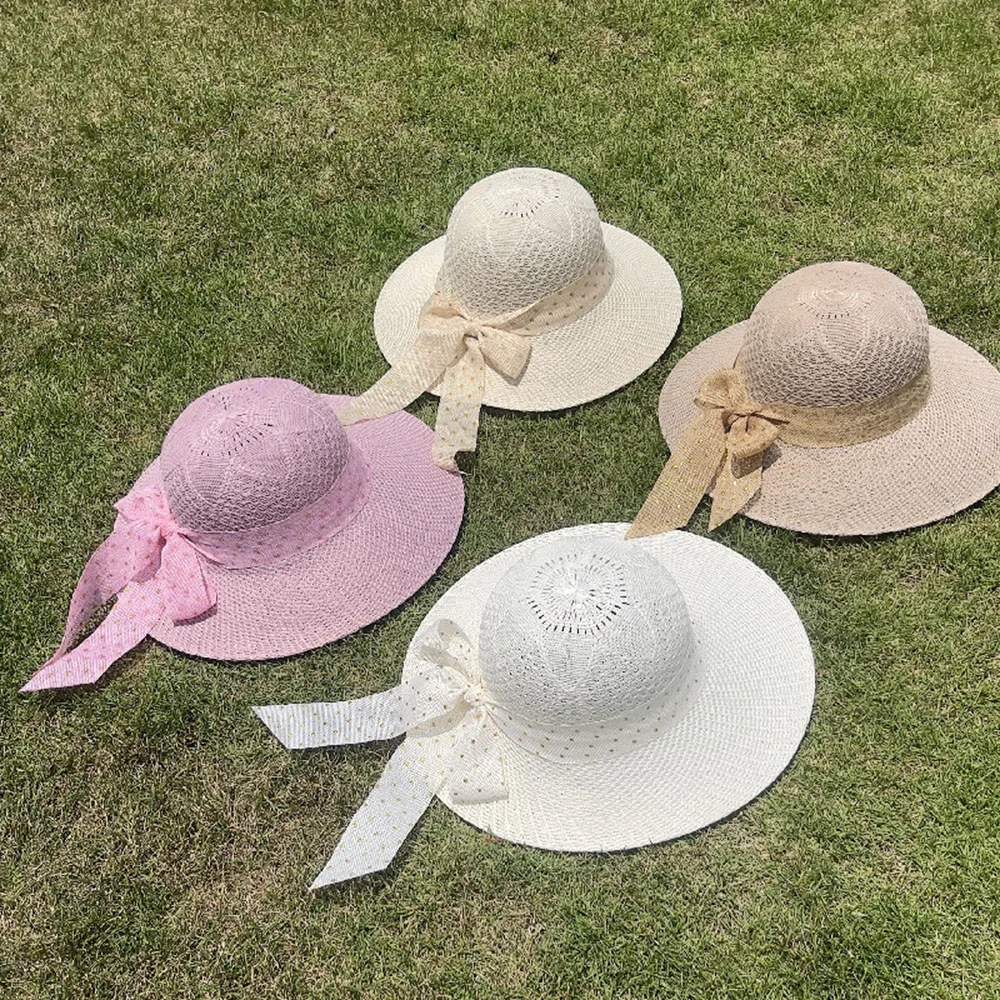 Fashion Foldable Wide Brim Sun Hat Girls Braided Straw Caps Ribbon Bowknot Beach Hat Sun Protection Ladies Travel Summer Caps