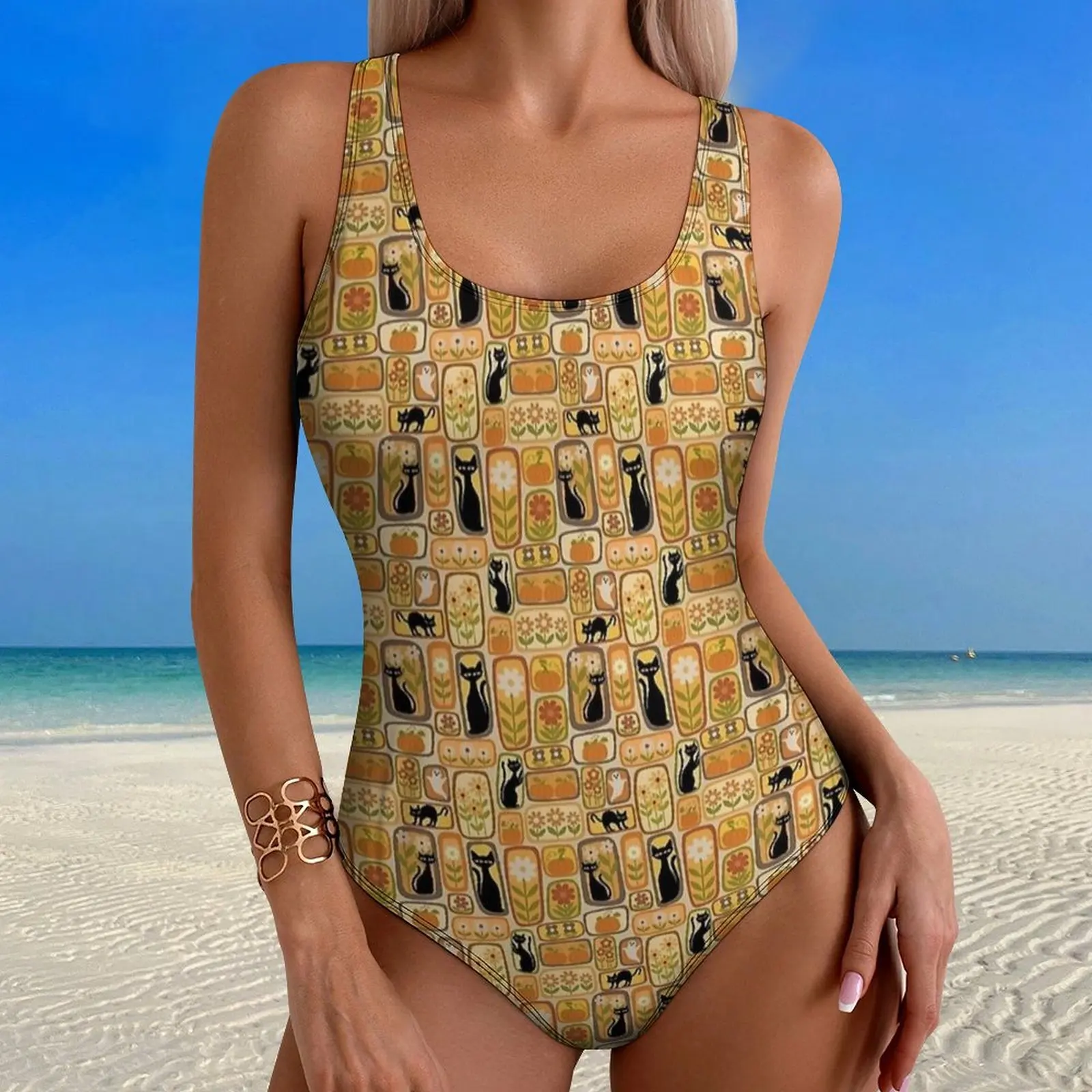 Retro Tiny Cat Tile Print Swimsuit  Push Up Swimwear One Piece Sport Bathing Suits Bodysuit Sexy Design Beachwear Plus Size
