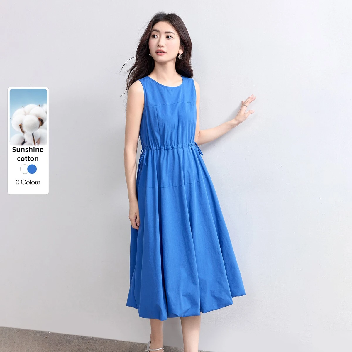 SENTUBILA Women's Summer Sleeveless Cotton Dress 2026 Blue Crew Neck Pouf Dress Commute Korean Popular Midi Dress Q52LP8811