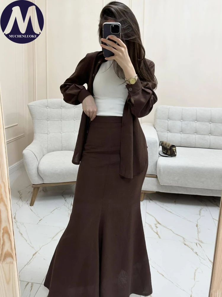 Women\'s Long Sleeve Lapel Collar Shirt Suits, Fashionable Slim Fit Office Long Skirt Set, Casual, Spring, Summer, New, 2 Pcs