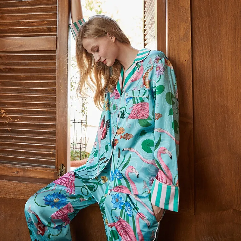 Flamingo Inspired Ice Silk Pajamas Set for Women Long Sleeves Pants Loungewear Suit Perfect for Spring Autumn XXL Size Sleepwear