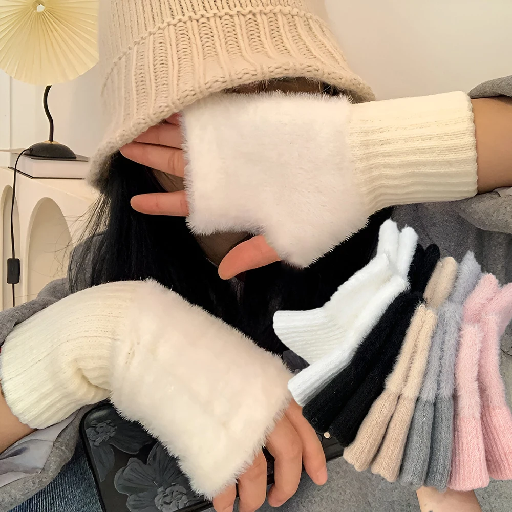 Soft Plush Half Finger Gloves Women's Warm Plush Knitted Fingerless Gloves Exposed Finger Touch Screen Hand Coldproof Apparel