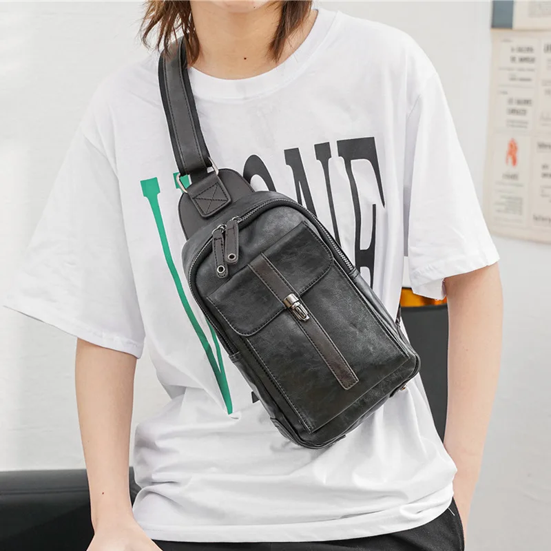 Leather Bag for Men Crossbody Sling Backpack Sling Bag Casual Outdoor Travel Sports Hiking Waterproof Chest Bag Daypack