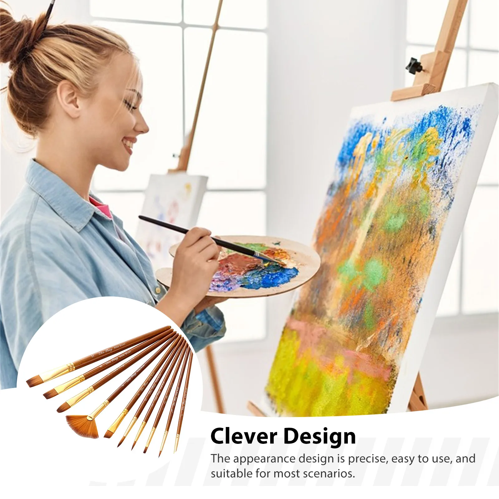 10 Piece Nylon Bristle Watercolor Paint Brush Set with Linen Wood Handles Fan Brush for Gouache Acrylic Artists Painting