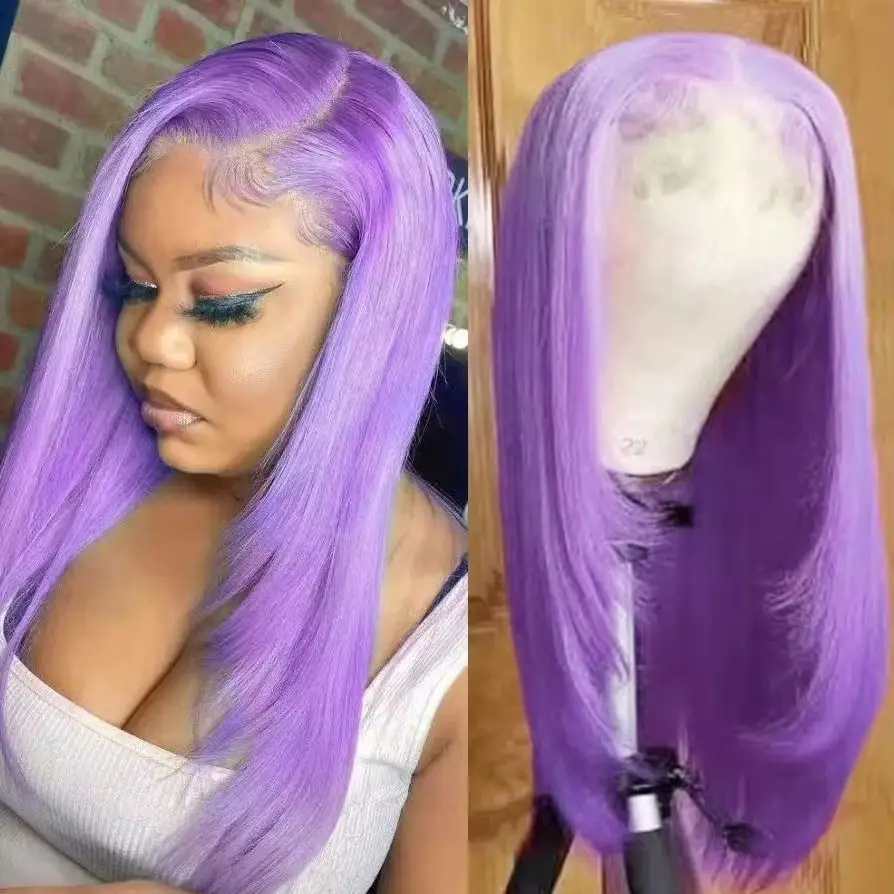 

Светло-фиолетовый многослойный кружевной парик с прямым кружевным фронтом 13x4, без клея, предварительно выщипанный, HD-кружевной парик из синтетического и смешанного кружева для женщин