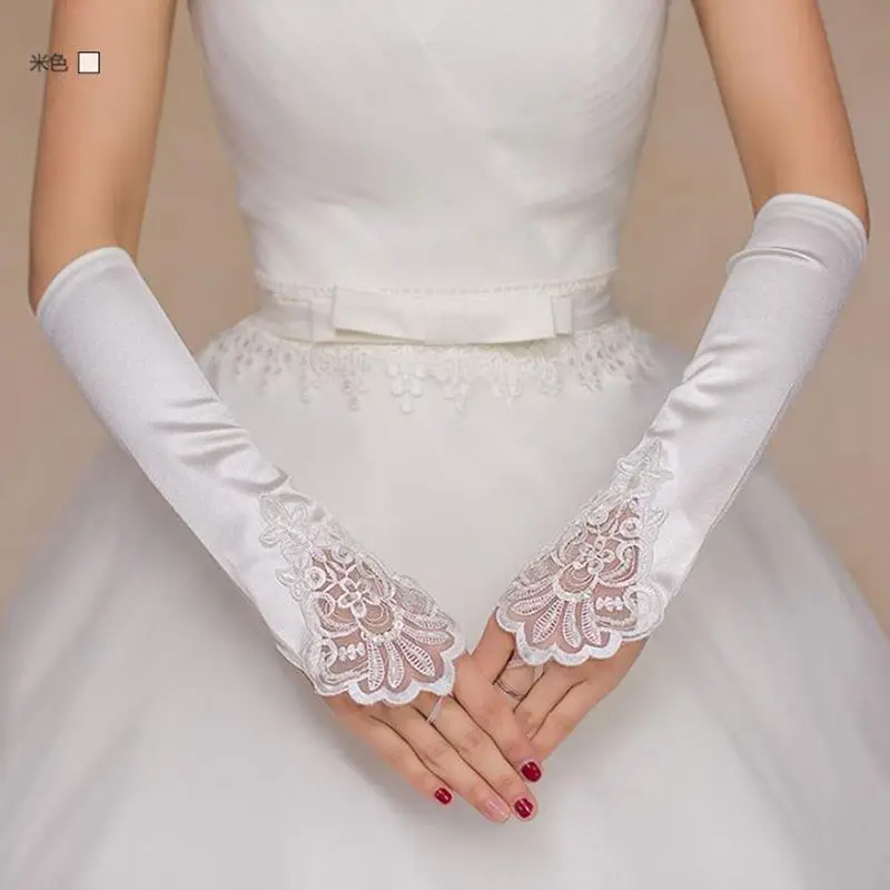 Elbow Length Satin Fabric Flower Lace Bridal Wedding Gloves Fingerless Customzied