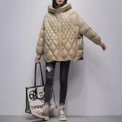 Casaco curto de pato com capuz feminino, casaco grosso solto coreano, Parkas femininas casuais, outwear monocromático, cáqui, branco, novo, inverno, 2022