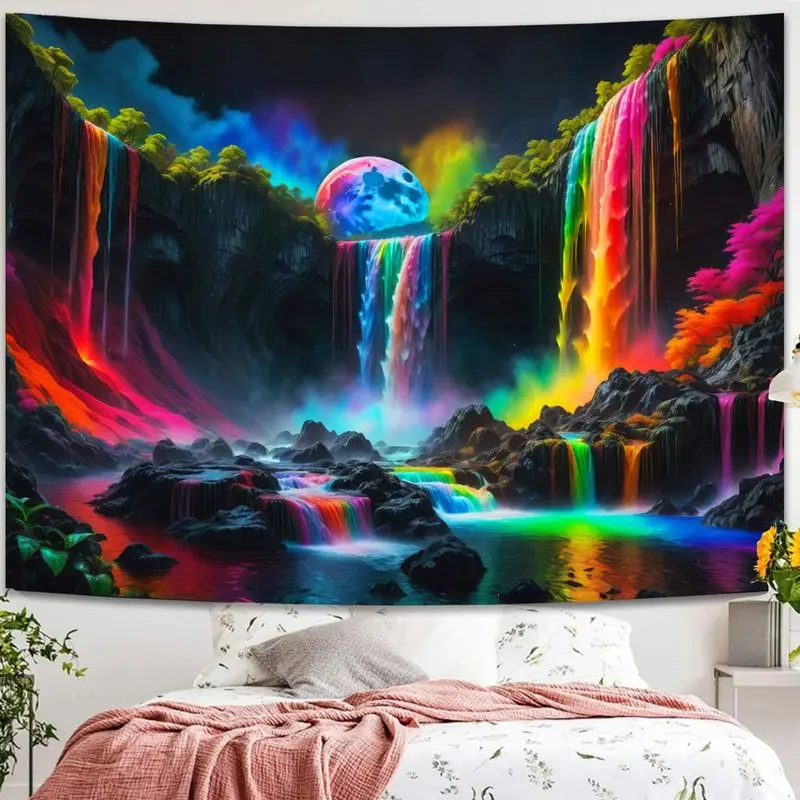 VIKAMA Electric Rainbow Falls Canyon Satellite Disk Fluorescent Tapestry Surreal Wall Mural Home Accent Decor Soft Durable Cozy