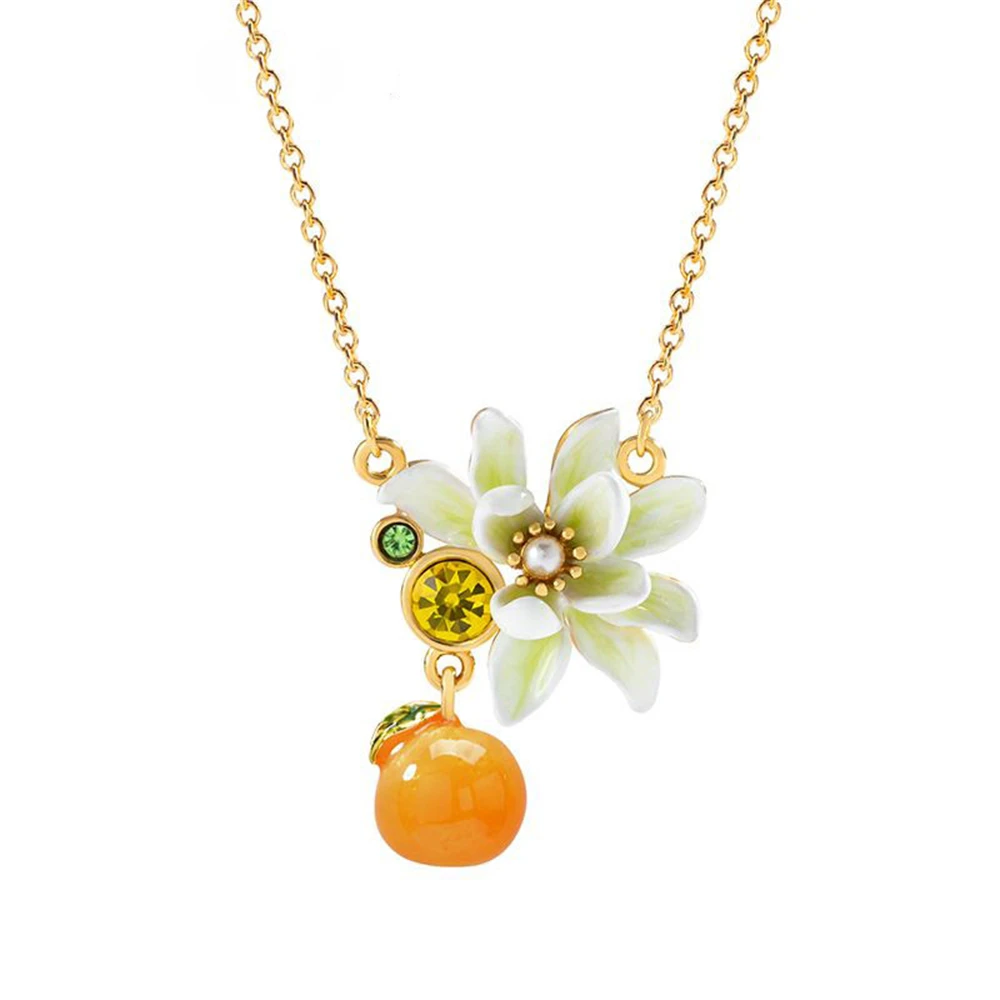 Citrus And Gardenia Flower Necklace Versatile In Summer And Autumn Enamel Flower Orange Cute And Sweet Collarbone Neck Chain