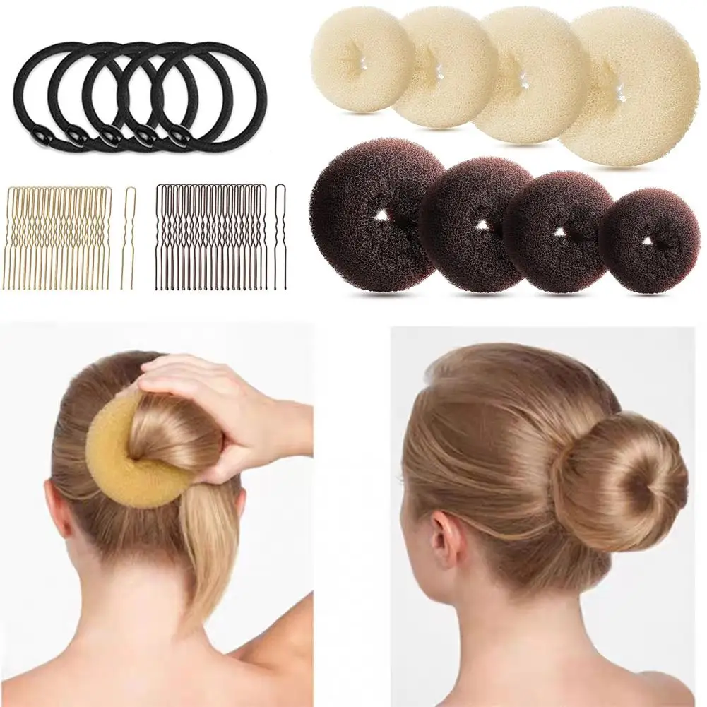

Donut Hair Bun Maker Set for Women Girls- 2 Colors Small Size Hair Bun Maker, Hair Donuts for Buns, Elastic Bands, Hair Pins