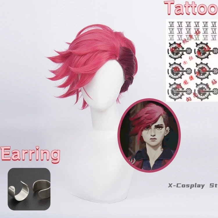 

Game LOL Arcane Vi Cosplay Wig VI 30cm Deep Rose Short Heat Resistant Synthetic Hair Anime Role Play Wigs + Wig Cap