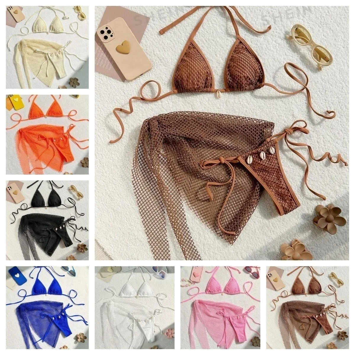 Conjunto de Bikini de manga larga transfronterizo para mujer, ropa de playa Sexy, traje de baño de tres piezas que mejora el deseo puro blanco