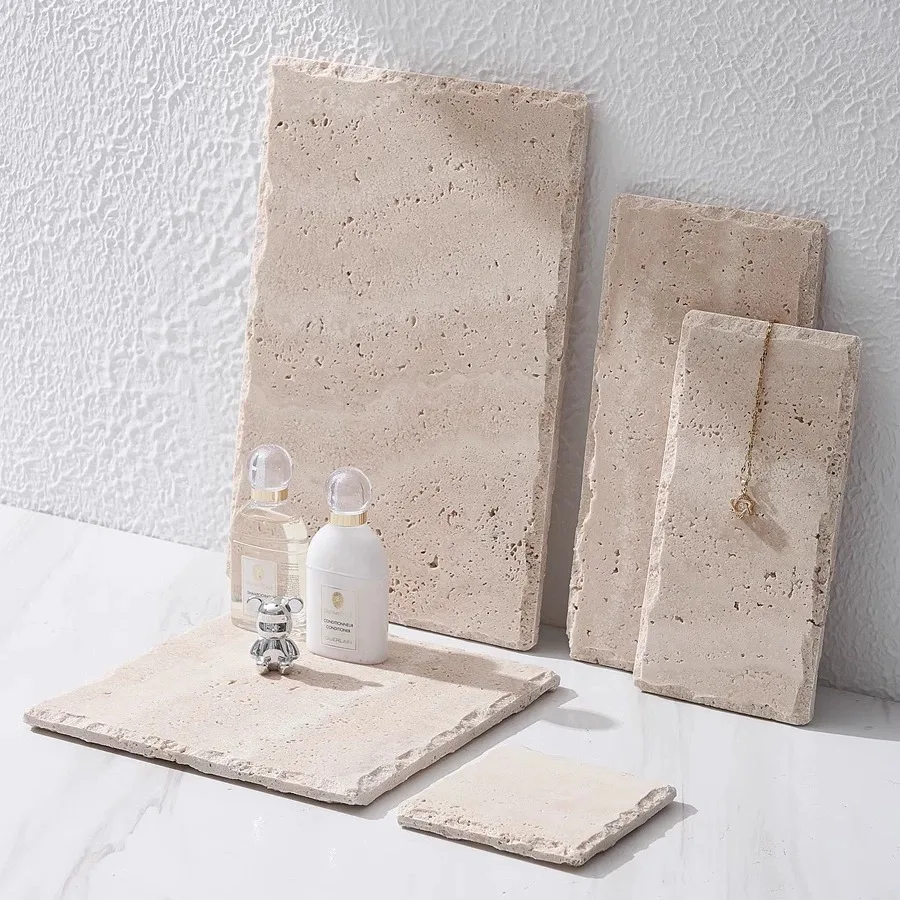 Hand-Carved Weathering Edge Stone Vanity Tray Natural Eroded Texture Quadrilateral Coaster Set, FOR Earring Display, Cup Stand
