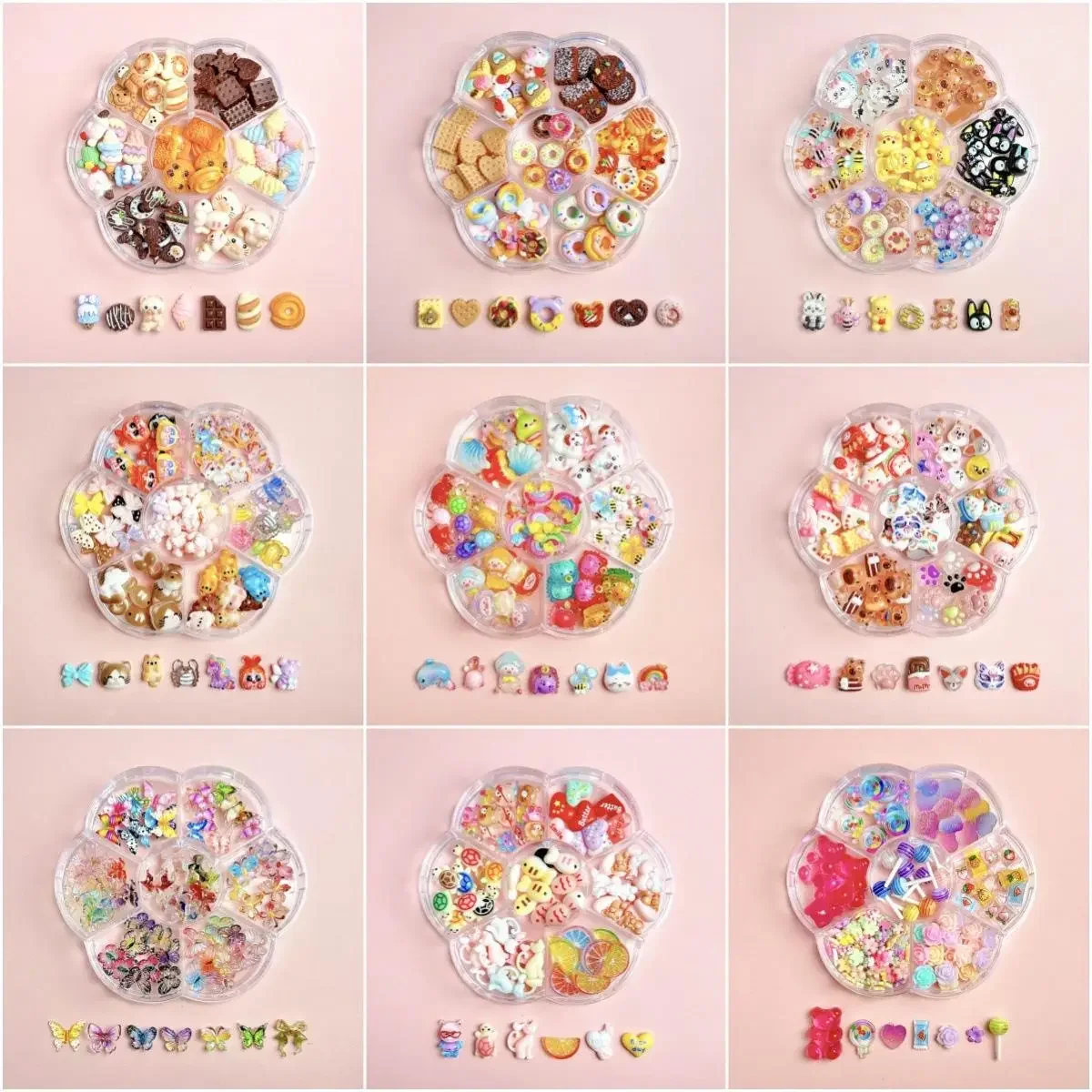 1 caixa misturada bonito simulado sobremesa doces borboleta decorações da arte do prego resina 3d dos desenhos animados gato peixe urso encantos do prego suprimentos