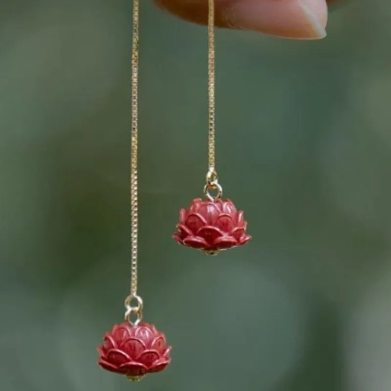 

Серьги с лотосом из киновари, изысканные модные серьги в этническом стиле