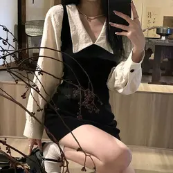 Korean Waist Bag Hip Dresses Spring Autumn Doll Collar Women's Clothing Fake Two Pieces Preppy Style Chic Patchwork Mini Dress