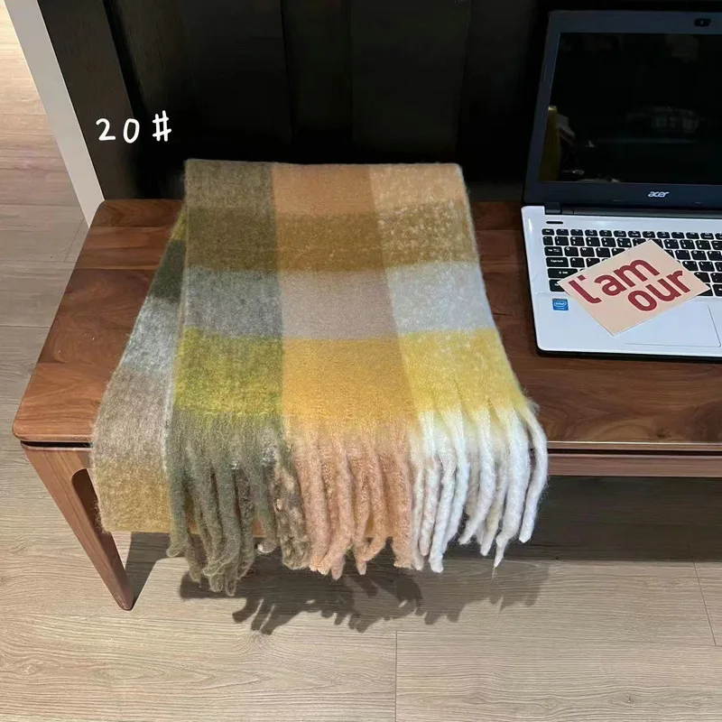 Patchwork Wool Scarf Women Luxury Winter Warm Long Tassel Shawls Wraps Soft Rainbow Stripe Plaid Blanket Pashmina Scarves Hijab