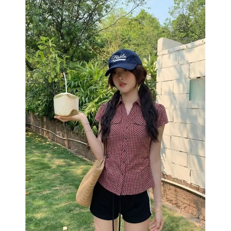 

Retro Plaid Red Short Sleeve Shirt Women's Summer Slim Fit Waist Cinched Short Length Top Casual Style Cotton Pure Material