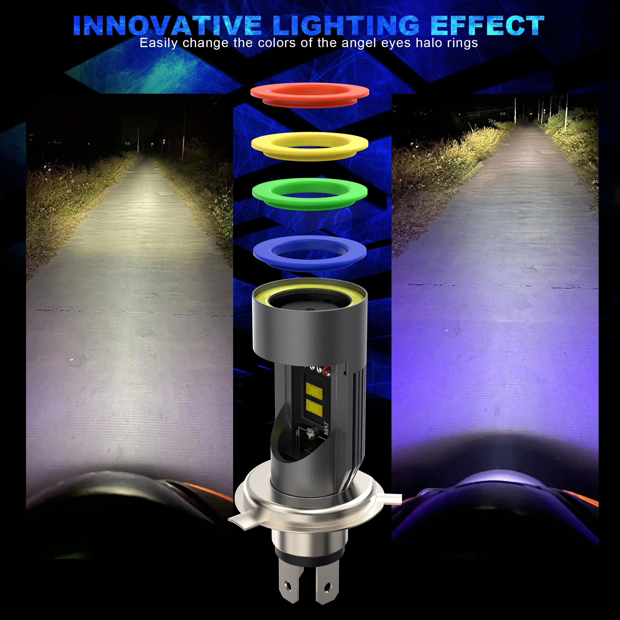 BEAMFLY 30 واط LED مصباح أضاءه أمامي H4 خمسة ألوان خاتم هالة HS1 P43T التوصيل والتشغيل EyeSuper 6000 كيلو Csp التوصيل والتشغيل مصباح دراجة نارية 1 قطعة