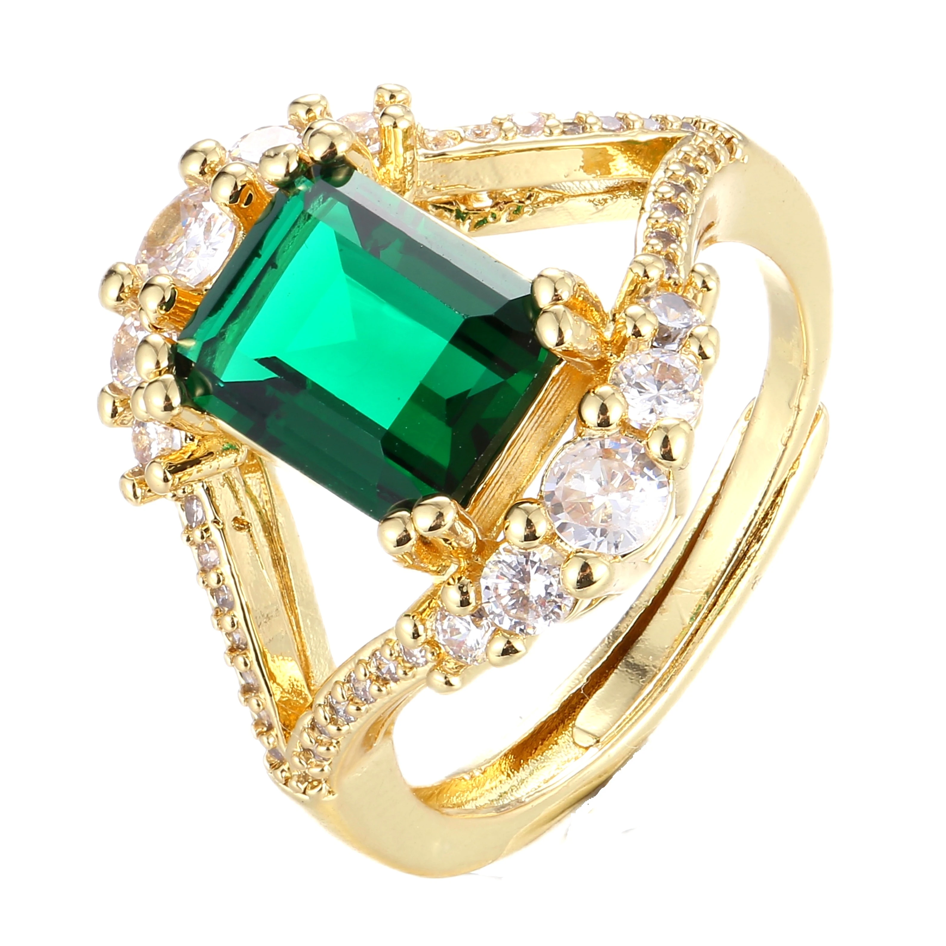 

Gorgeous Gold Split Band Emerald Green Rectangle Stone Engagement with Round Accent