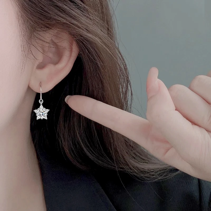 Fine Elegant 6mm Round Zircon Stars Drop Earrings Women Wedding Jewelry Fashion 925 Sterling Silver Crystal Pendant Hook Eardrop