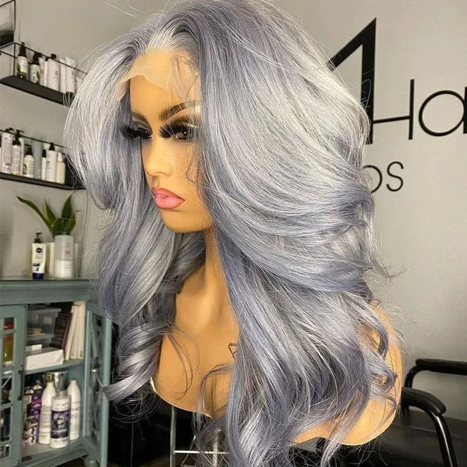 رمادي الباروكات طويل الجسم موجة الدانتيل شعر مستعار أمامي 13x4 HD قبل قطعها الاصطناعية مقاومة للحرارة شعري طبيعي الألياف الشعر اليومي تأثيري