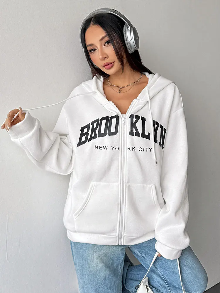 가을 여성 코트 후드티 스트리트웨어 패션 긴 소매 포켓 지퍼 레이스업 프린트 코트 여성 캐주얼 슬림 다용도 의류