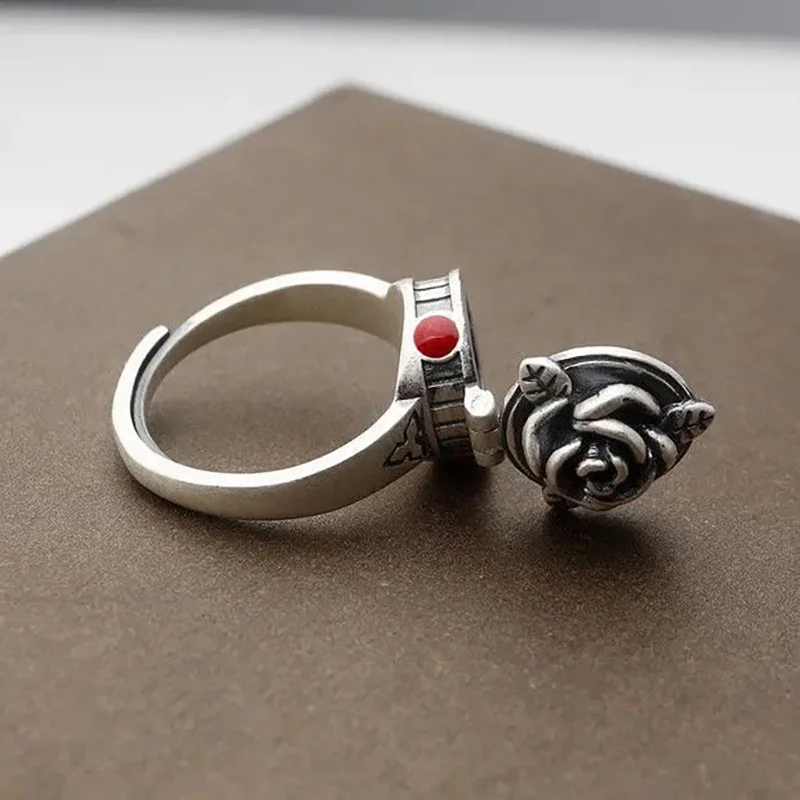 New Antique Style Openable Tibetan Gau Locket Ring with Rose Design Secret Storage Vintage Jewelry Gift Idea
