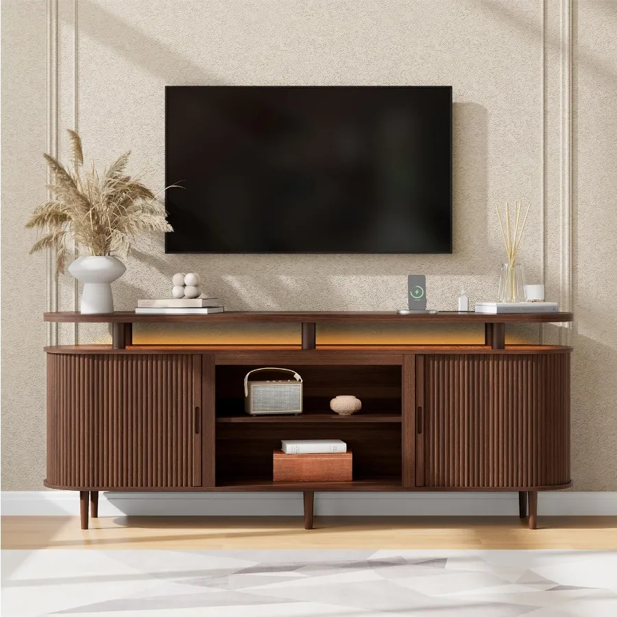 70 Fluted TV Stand for TVs Up to 80, Mid Century Modern Entertainment Center with Power Outlet and LED, TV Console with Adjusta