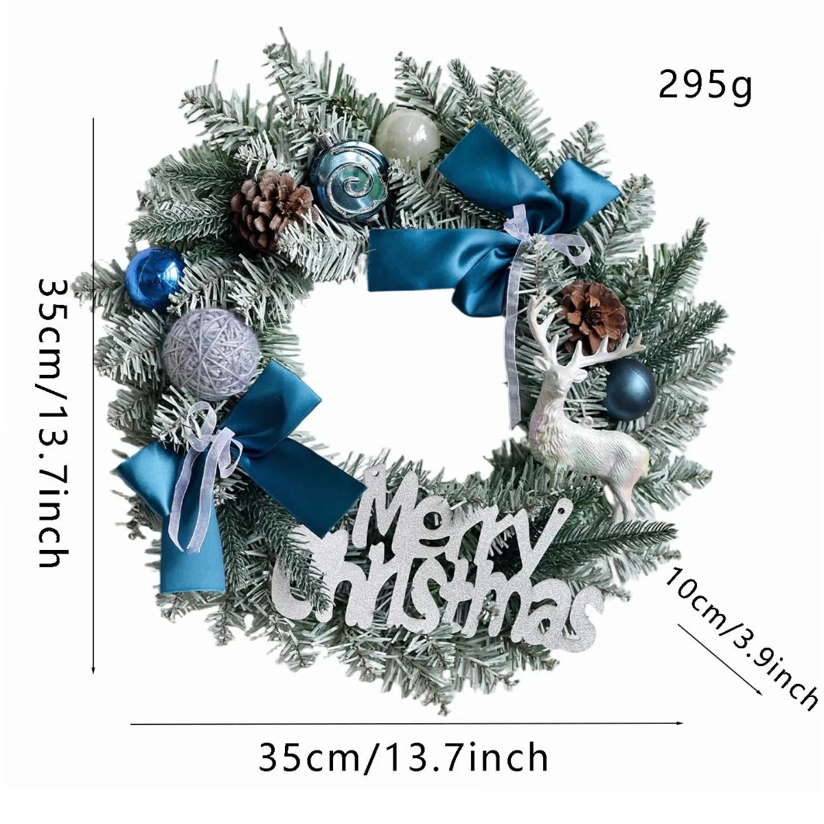 Christmas Wreath  White Blue Snow Flocked Winter Wreaths with Xmas Ball Bow Ribbon Gifts Box Snowy Flocked Xmas Wreath Decor view 3