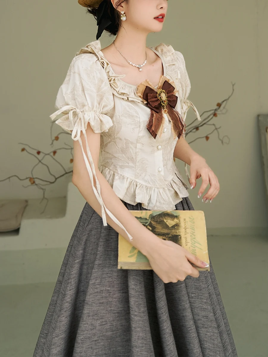 

Original Miss Egg Cotton Linen Embroidered Vintage Ruffle Waist Shirt Square Collar Top Summer Skin-friendly Breathable Women...