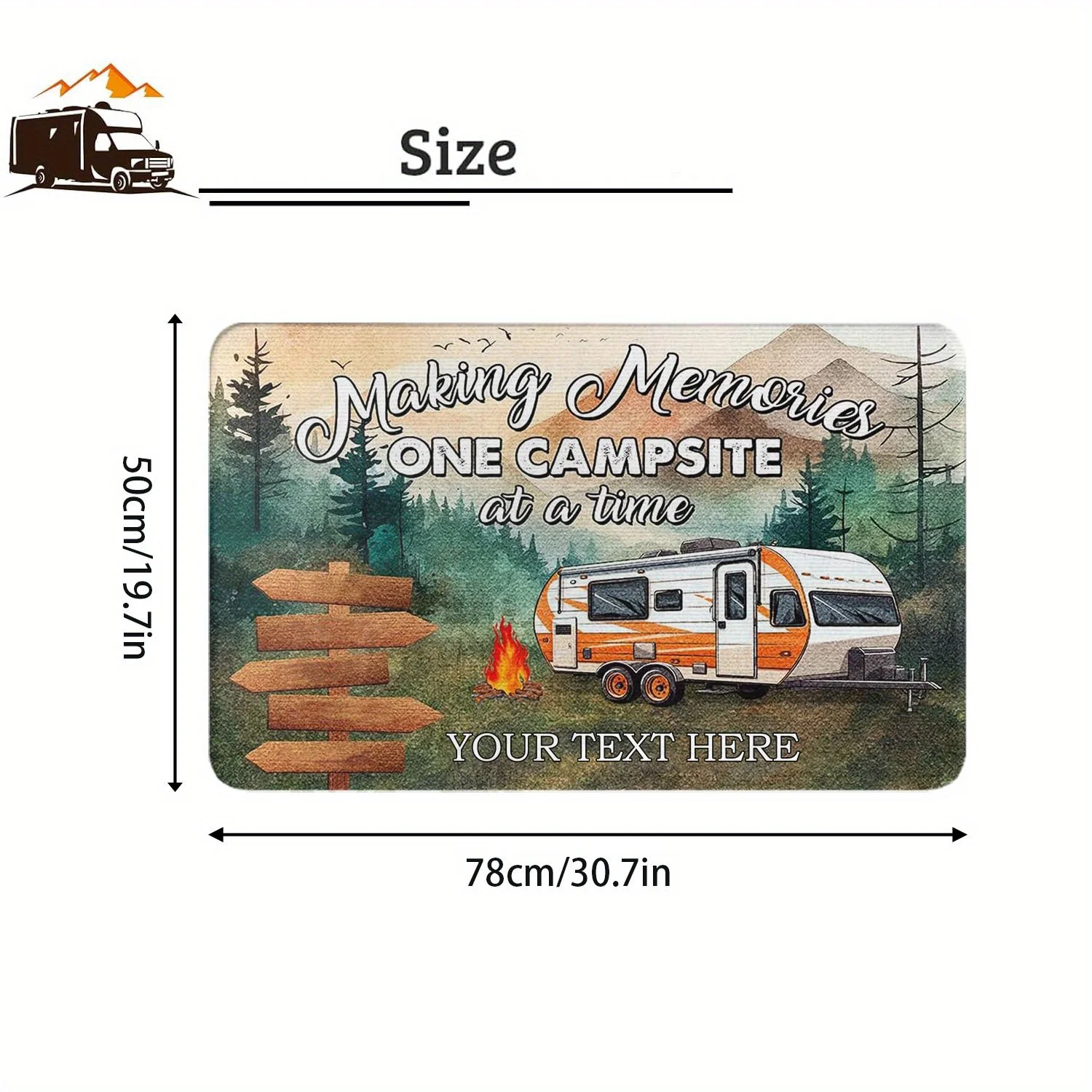 VIKAMA RV Camper Camping Doormat,Non‑Slip Mat,Caravan Campsite Forest Mountain Fire Print Carpet for Outdoor Entryway Home Decor