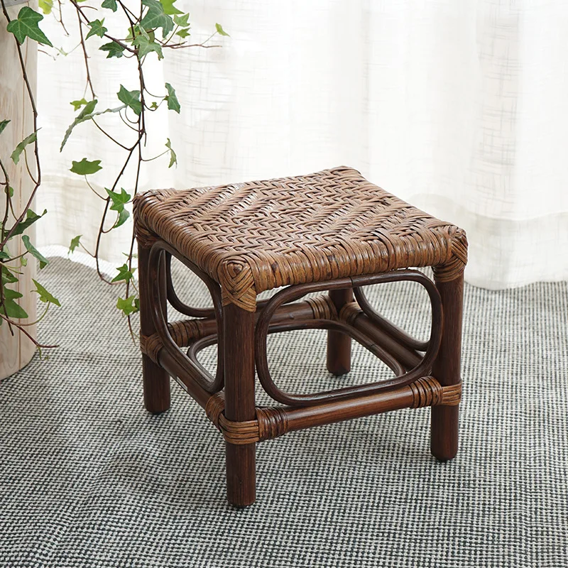 Handwoven Rattan Stool Retro Pastoral Stool Simple Mobile Seat Outdoor Camping Chair Home Kitchen Furniture Chair