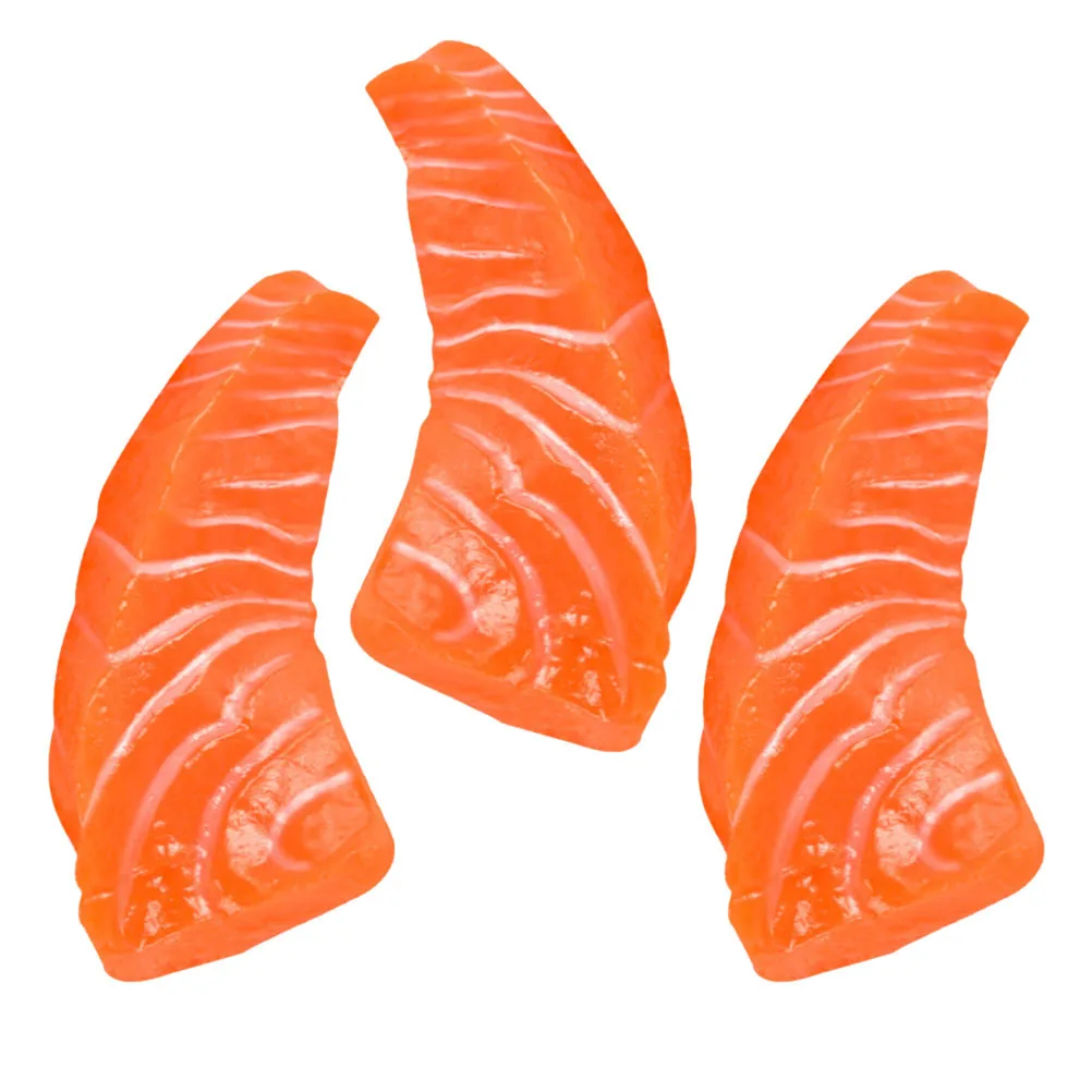 3 قطعة شرائح السلمون نابضة بالحياة للمطبخ ديكور المنزل مطعم وهمية الغذاء عرض المشهد التصوير الدعائم البلاستيكية لحوم الأسماك الاصطناعية