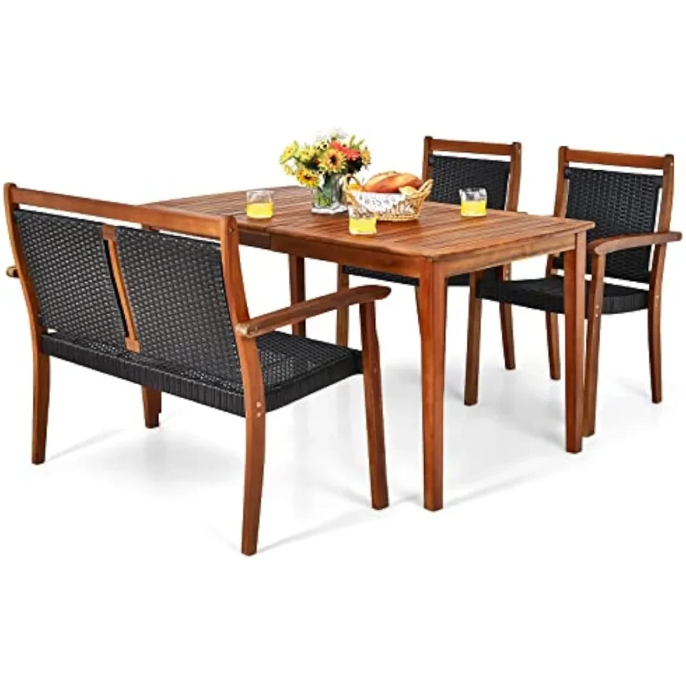 4 Pieces Patio Dining Set for 4 - Space-Saving Outdoor Acacia Wood Table & PE Rattan Chairs