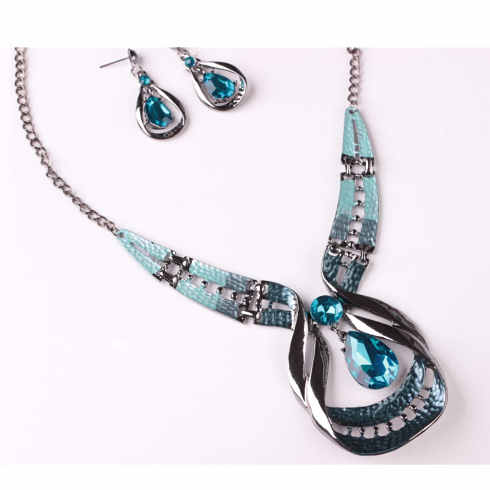 Fengshui Drop Necklace Rhinestone Necklace Earring Set Delicate Workmanship Easy Wear Jewelry Wedding Ethnic Style