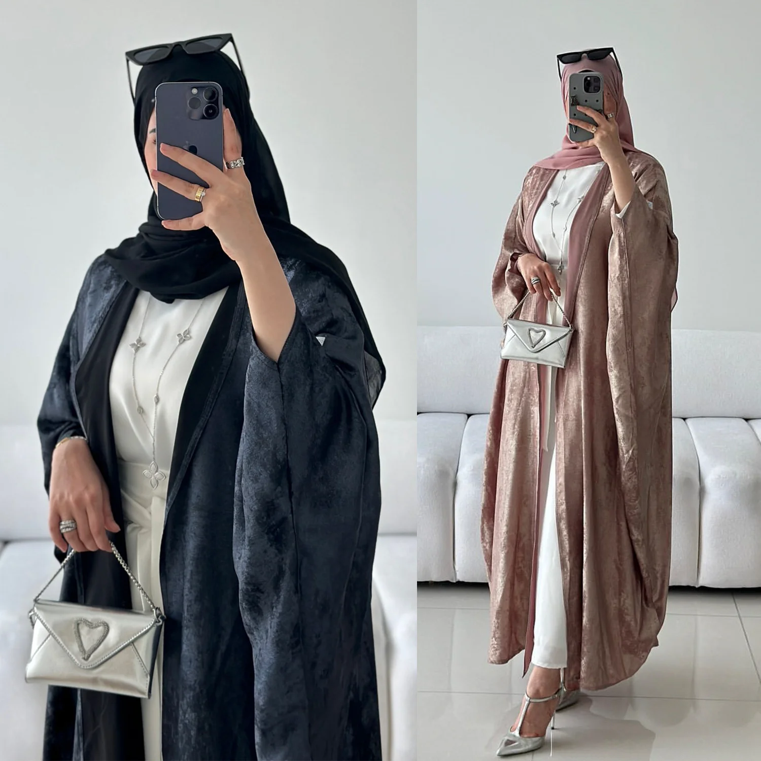 Wholesale New Dubai Abaya Oem Turkish Modest Kaftan Kimono Elegant Bat Sleeve Shining Sparkly Satin Abaya Women Muslim Dress