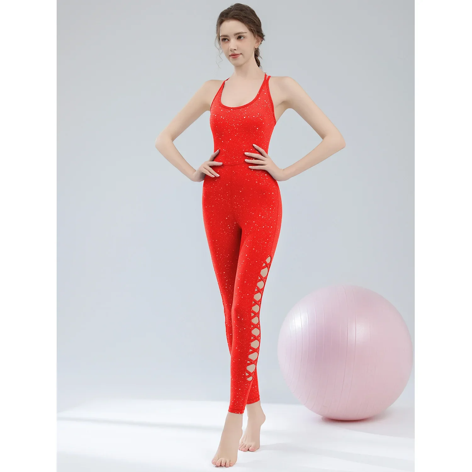 Women's Silver Sparkling Pilates Jumpsuit Hollow out One-Piece Nude Fitness Casual Wear for Women